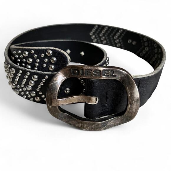 Diesel Vintage Studded Leather Belt Black Silver Logo Buckle Size 34 Made Italy - Picture 1 of 8
